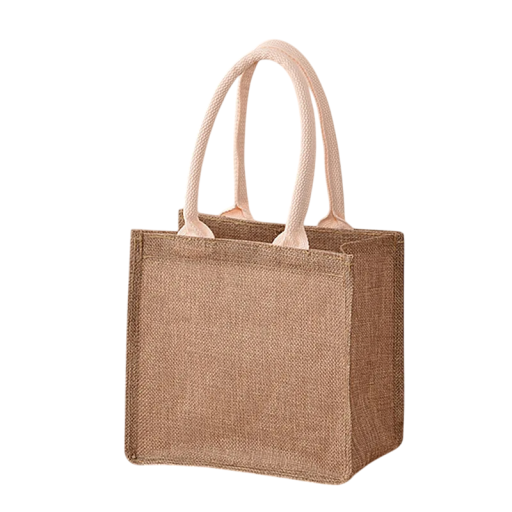 Shoppingkasse 21 x 20 x 12 cm Polyesterkasse med jute-look Bomullshandtag Liten, robust kasse för lunch eller presenter