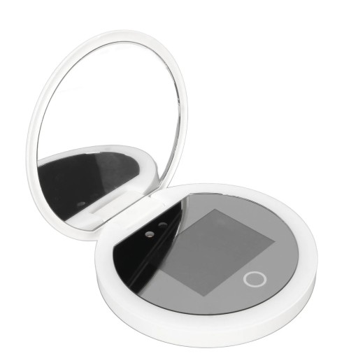 Kompakt sminkspegel med UV-ljus och LED-belysning, 2x förstoring, hopfällbar touchspegel, resesmink och hudvård