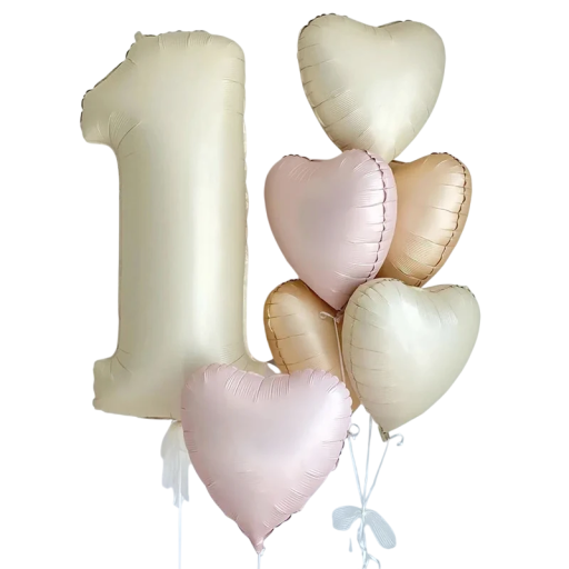 Ballongsats för födelsedag 81 cm nummer beige 6 st hjärtan 46 cm rosa beige bruna dekorationer för fest rulle band