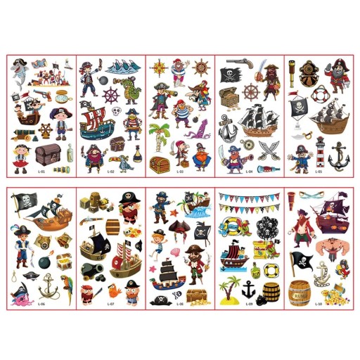 Set med 10 ark tillfälliga tatueringar 12 x 7 cm pirater, båtar, skatter, barnens tatuering klistermärken på huden äventyrsmotiv