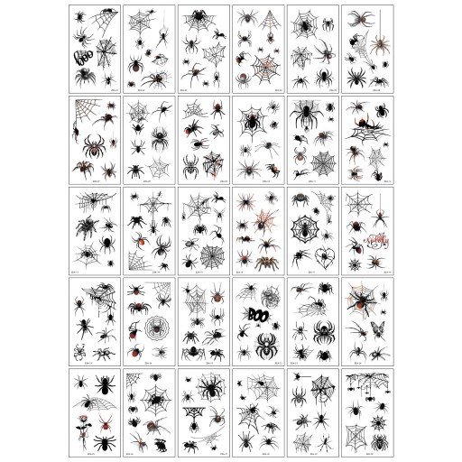 Set med 30 temporära tatueringar 5,7 x 9,7 cm Spindelnät och spindlar Halloween-motiv Skrämmande spindeldekoration