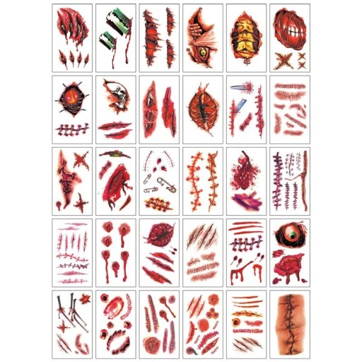 Set med 30 st tillfälliga tatueringar 5,7 x 9,7 cm Realistiska ärr och sår Halloween skräckspecialeffekter