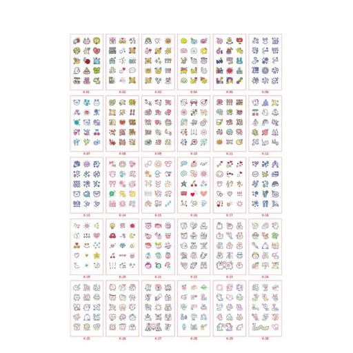 Set med 30 st tillfälliga tatueringar 5,7 x 9,7 cm Färgglada mini motiv av smileys, djur och symboler för barn