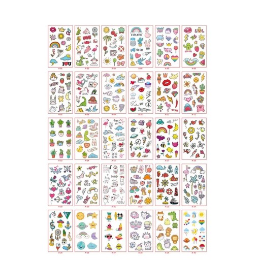 Set med 30 st tillfälliga tatueringar 5,7 x 9,7 cm Färgglada mini motiv av djur, växter, symboler och roliga illustrationer
