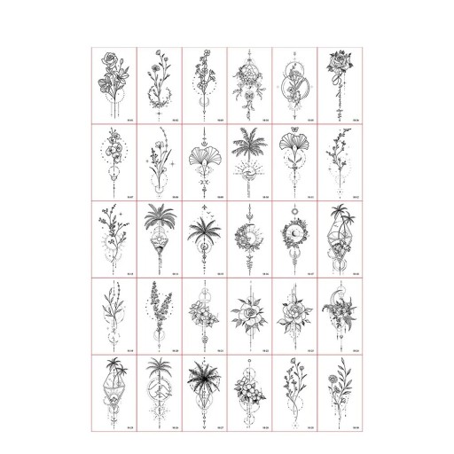 Set med 30 st temporära tatueringar 5,7 x 9,7 cm Svartvita blommönster och ornamentala motiv för elegant dekoration av huden