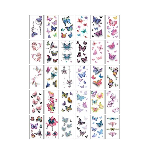 Set med 30 temporära tatueringar 5,7 x 9,7 cm färgglada fjärilar blommor ornament dekorationer för kroppen för fester festivaler och fotografering