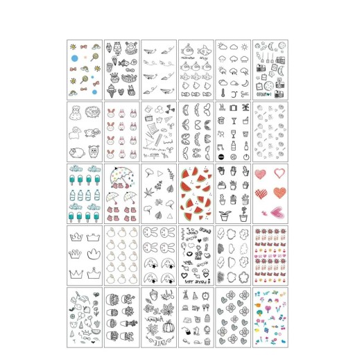 Sats med 30 st tillfälliga tatueringar 5,7 x 9,7 cm frukter, djur, godis, växter och lekfulla motiv för barn och vuxna