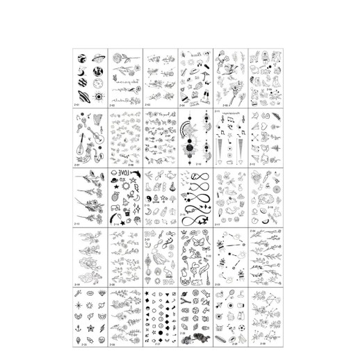 Set med 30 temporära tatueringar 5,7 x 9,7 cm blommor djur symboler planeter musikmotiv och andra mönster för kropp och ansikte