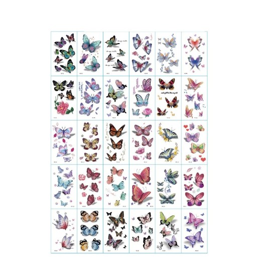Set med 30 st tillfälliga tatueringar 5,7 x 9,7 cm färgglada motiv av fjärilar för kroppssmyckning vid fester, festivaler och fritid