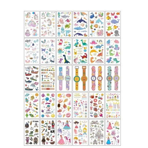 Set med 30 stycken tillfälliga tatueringar 5,7 x 9,7 cm färgglada barnmotiv hav, dinosaurier, pirater, klockor och prinsessor