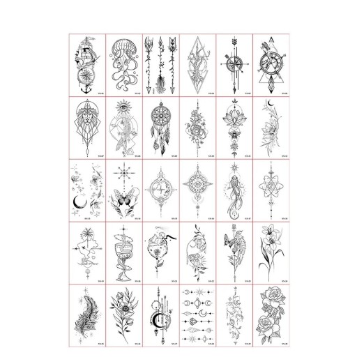 Sats med 30 st tillfälliga tatueringar 5,7 x 9,7 cm svartvita motiv geometriska mönster mandalas drömmar blommor symboler