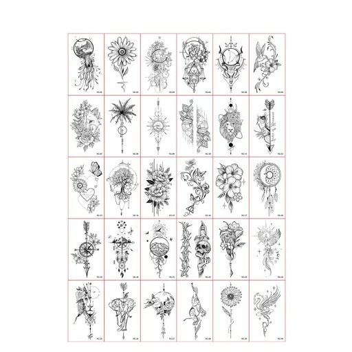 Sats med 30 st tillfälliga tatueringar 5,7 x 9,7 cm svartvita ornament blommor djur drömmar geometriska mystiska motiv