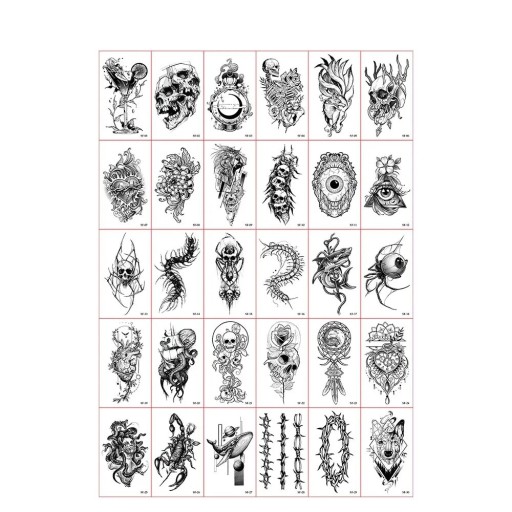 Set med 30 temporära tatueringar 5,7 x 9,7 cm svartvita skallar ögon djur insekter taggar fantasy motiv för män och kvinnor