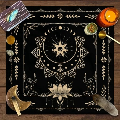 Duk med tarotmotiv 75 x 75 cm Svart dekorativ duk för spådomar Altarduk Esoterisk och mystisk heminredning