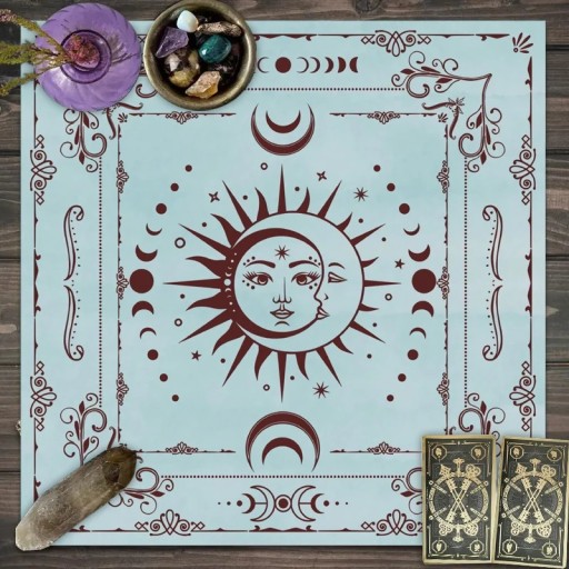 Duk med tarotmotiv 49 x 49 cm Blå dekorativ duk för spådom Oltarsduk Esoterisk och mystisk heminredning