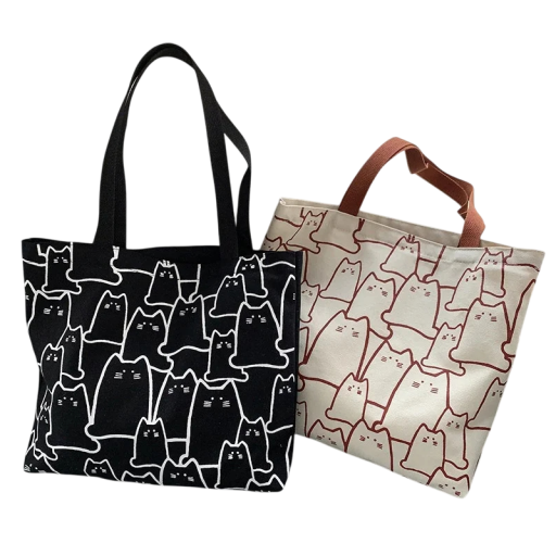 Tygkasse över axeln 35 x 30 x 25 x 5 cm Damväska med kattmotiv Modetygkasse Informell grafisk väska