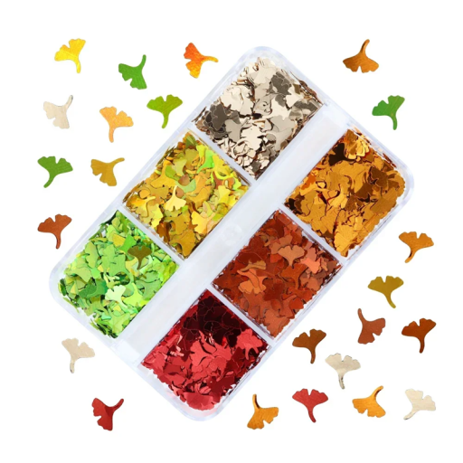 Paljetter i form av blad 3–4g Mix färger Låda med 6 fack Scrapbooking Nageldekoration Smyckestillverkning och kreativt skapande