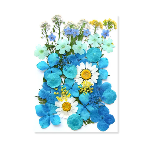 Pressade blå och vita blommor i harts Rektangulär form Hantverk Inredningsdekoration Originalpresent Blomsterdekoration