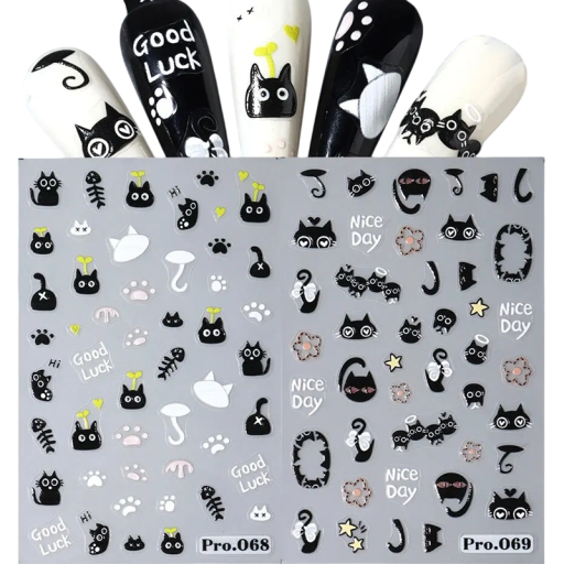 2 st 3D nagelklistermärken svart katt Söt tecknad djur Självhäftande dekaler Nail Art dekorationer för manikyr