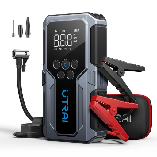 Startbatteri för bil 1500A med kompressor 150PSI LED-lampa SOS USB snabbladdning och powerbank 12V 55Wh
