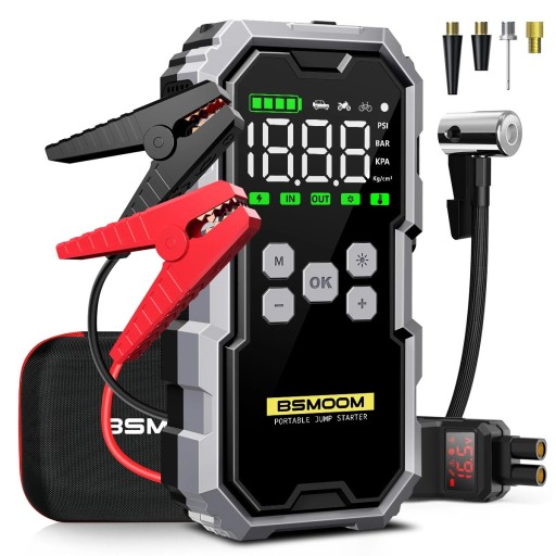 Startbatteri för bil 12 V 6000 A 21800 mAh med kompressor 10 bar display ficklampa nödsignal telefonladdning snabbladdning