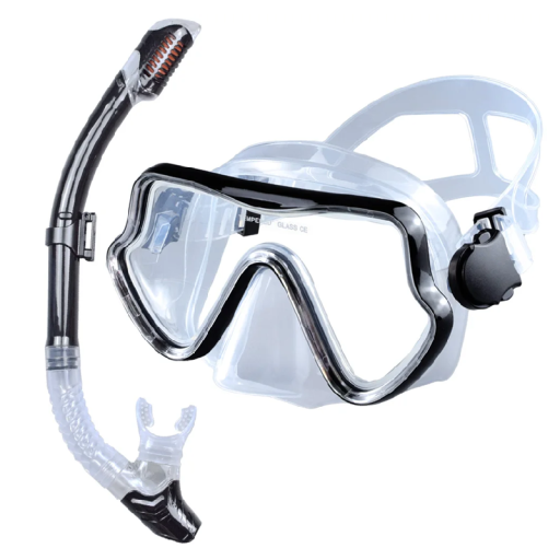 Snorklingsset Glasögon 16,5 x 8,8 cm med silikonpackning och härdat glas + snorkel 43 cm med luftventil