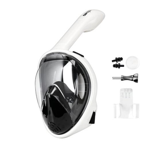 Masque de snorkeling intégral S/M avec valve, support pour caméra d'action, bouchons d'oreilles et un tuba de 25,8 cm