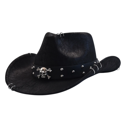 Cowboyhatt av konstläder 56–58 cm Stilig westernhatt med band med metallnitar och dödskalle Kostymtillbehör