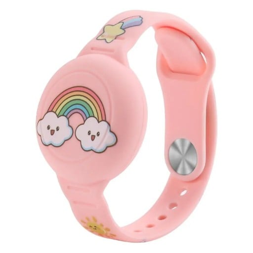 Ny vattentät silikonarmband för Apple AirTag barnhållare för handled klockfodral rosa med regnbågsdesign