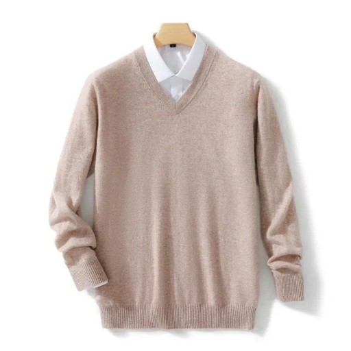 Herrtröja med lång ärm och V-ringning Enfärgad elegant stickad tröja Ull och elastiska fibrer Höst- och vintermode