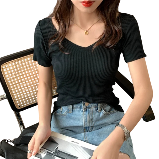 Damsk Tröja i Akryl med Korta Ärmar och V-ringning Enfärgad Elegant Stickad T-shirt Universell Storlek för Sommar och Höst