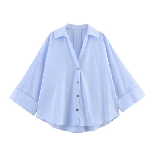 Elegant blus för damer med kort ärm Enfärgad blus med krage och knäppning med knappar Lätt, lös topp i polyester för arbete och fritid