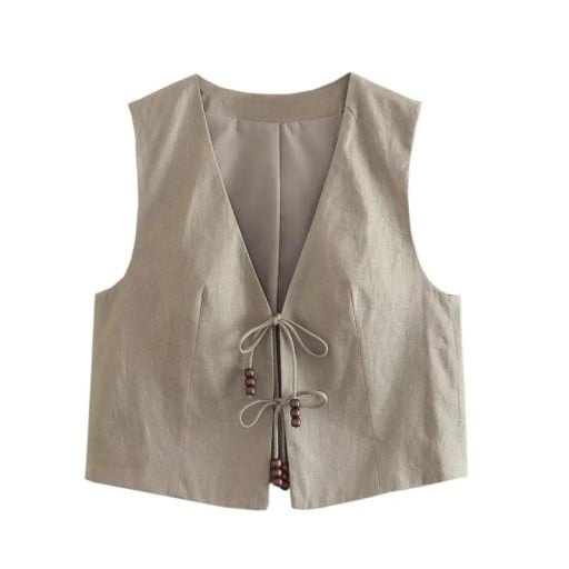 Dams elegant enfärgad väst med V-ringning Snörning Stilren polyester väst utan ärmar Olika färger
