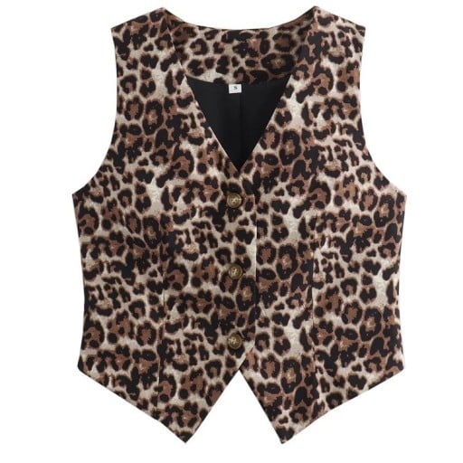 Damsk modeskjorta med leopardmönster V-ringning Knappstängning Stilig skjorta i lätt polyester Elegant djurdesign