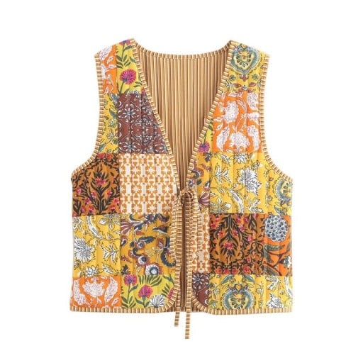 Damsk gulorange väst med mönster och V-ringning Lätt väst med snörning i midjan Stilig polyester väst för sommar- och höstoutfit