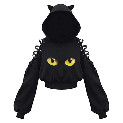 Damsk hoodie med kattöron Svart hoodie med mönster av kattögon och snörning på axlarna Bomull-polyesteröverdel