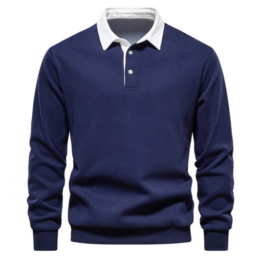 Herrbavlan mikina med krage och halvknäppning i knappar Enfärgad polo med långa ärmar Bekväm elegant modell för varje dag