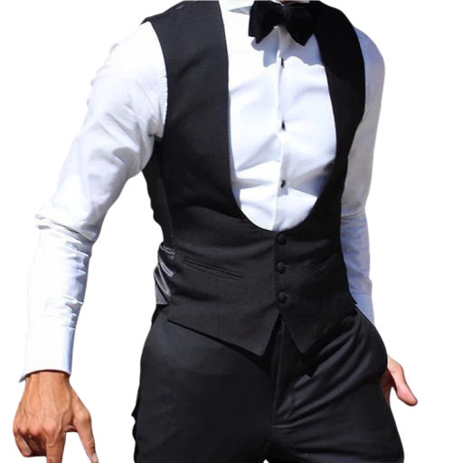 Mans svart eleganta väst med fickor och djup O-urringning En enfärgad väst med knäppning Formell sällskapsväst