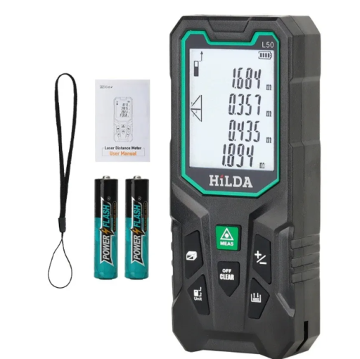 Digital laseravståndsmätare HILDA 50 m med mätning av area, volym och Pythagoras funktion