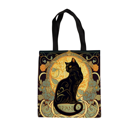 Shoppingväska i canvas 40 x 40 cm med svart kattmotiv, konstnärligt tryck i jugendstil. Återanvändbar axelväska.