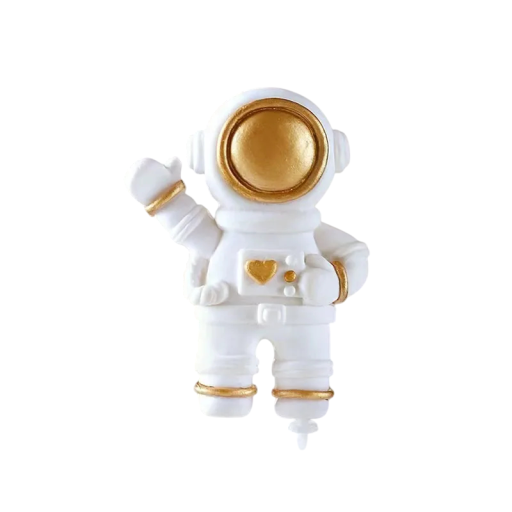 Dekorativ tårtdekoration Kosmonaut med gulddetaljer Höjd 6,8 cm Latexfigur Rymdfödelsedagsdekoration