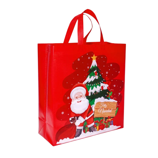 Presentpåse med julmotiv av jultomten och julgranen 35 x 38 cm Non-woven tyg Återanvändbar presentpåse
