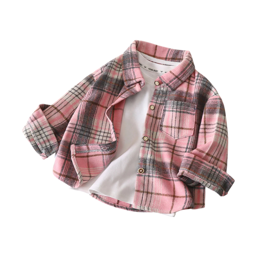 Barn vintage rutiga skjorta med långa ärmar Rosa-grå Bomull Polyester Spandex Stilig cardigan med krage och knäppning