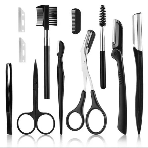 11-delt sæt til pleje af øjenbryn og vipper saks pincet barberblade børste kam sort kosmetisk sæt til kvinder derhjemme
