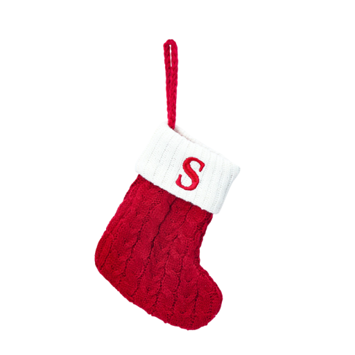 Julröd strumpa 15 x 25,7 cm med vit kant och snöre för upphängning Broderat bokstav S Dekorativ strumpa för presenter