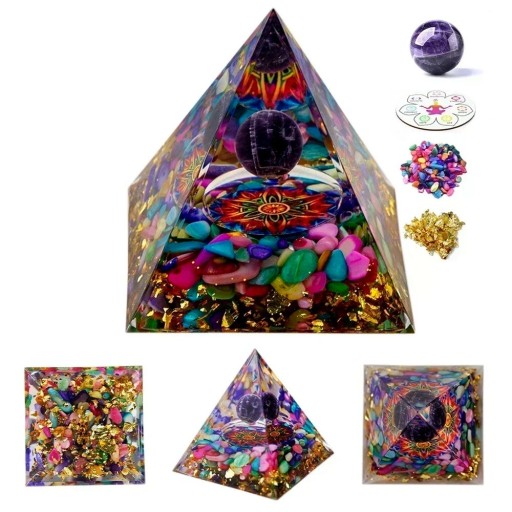 Färgglad energipyramid med ametist 5x5 cm kristalldekoration med krossad agat Chakrakula Guldflingor Reiki-harmonisering