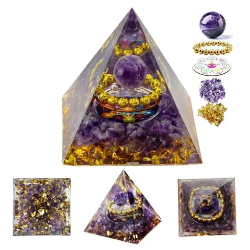Kristallpyramid 5x5 cm med ametist Lila chakrapyramid Visdom, frid och sömn Gyllene ring Kärlek och andlig tillväxt