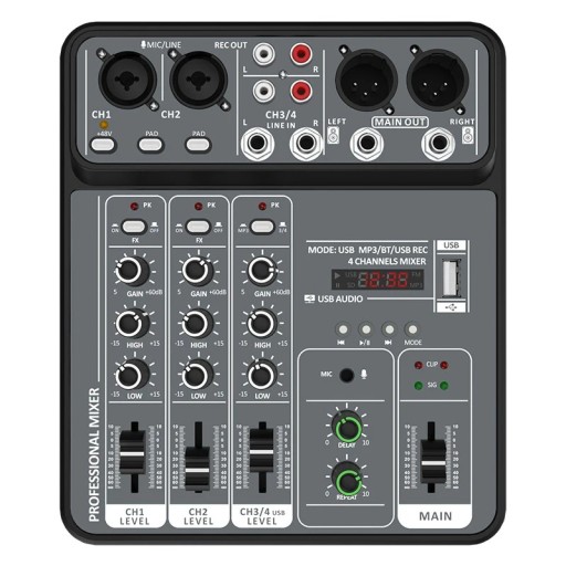 Professionell 4-kanals mixer 20,5 × 17 × 4 cm USB Bluetooth MP3 ljudmixer med effektförstärkare och 48V fantomström