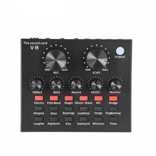 Ljudkort V8 12 effekter Reverb Metallisk USB extern ljudkort 125 x 105 x 25 mm för telefon, PC, streaming och inspelning