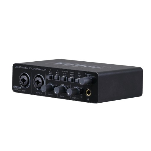 BOMGE U202 USB ljudgränssnitt 17 x 11,2 x 4,5 cm Professionell extern ljudkort med dubbla XLR + 6,35 mm ingångar och 48V fantomström